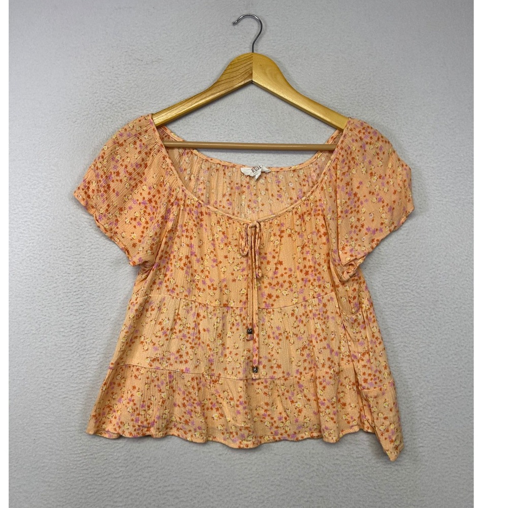 Boho Cottagecore Hippie Rose Womens Small Orange Floral Tiered Peasant Top